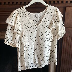 Madewell Puff Short Sleeve Cream and Black Polka Dot Blouse Silk Small